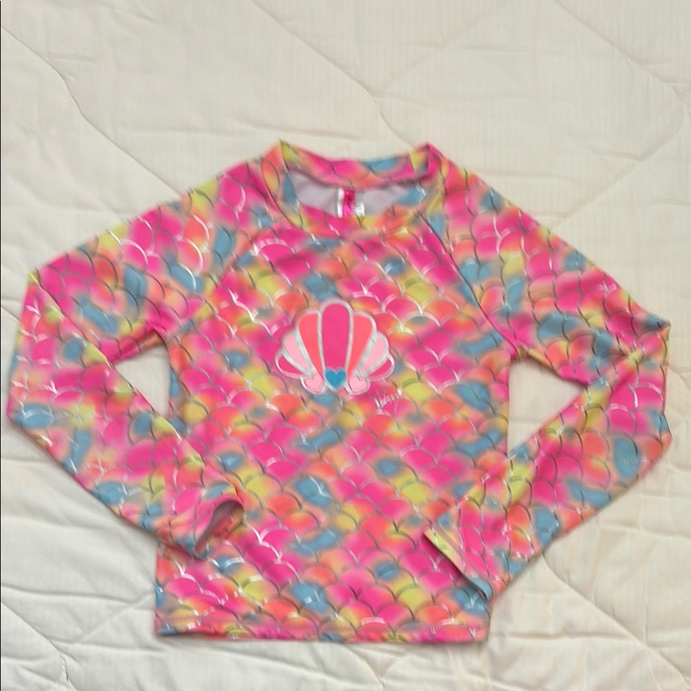 Betsey Johnson Swimsuit Top Pink Multi Rash Guard Mermaid Girls Youth XL (14)